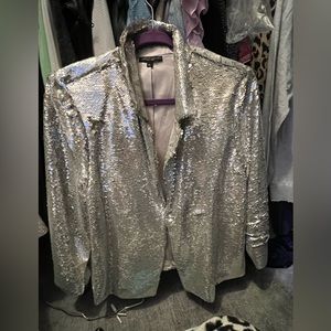 Alberto Mikali silver sequin jacket with snap to close.